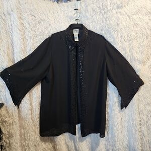 R & M Richards Women's Petite  Black Sheer Fancy BELL SLEEVES Size 16 WP  16WP